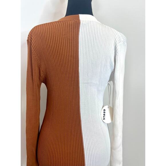 STAUD Shoko Sweater Dress Tan/White Size XL Knit Ribbed Button Front Long Sleeve - Picture 6 of 6